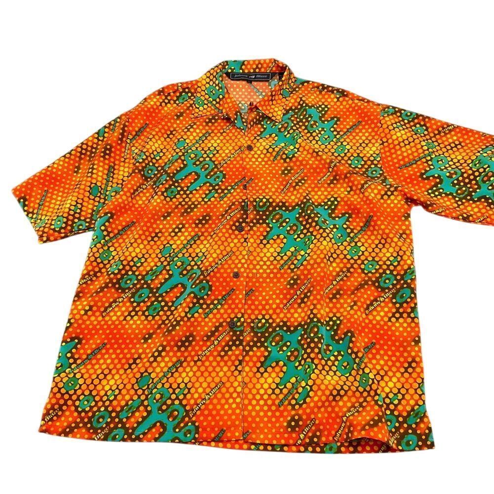 Johnny Blaze Shirt Men Large‎ Orange Green Abstract Polka Dot Art All Over SS